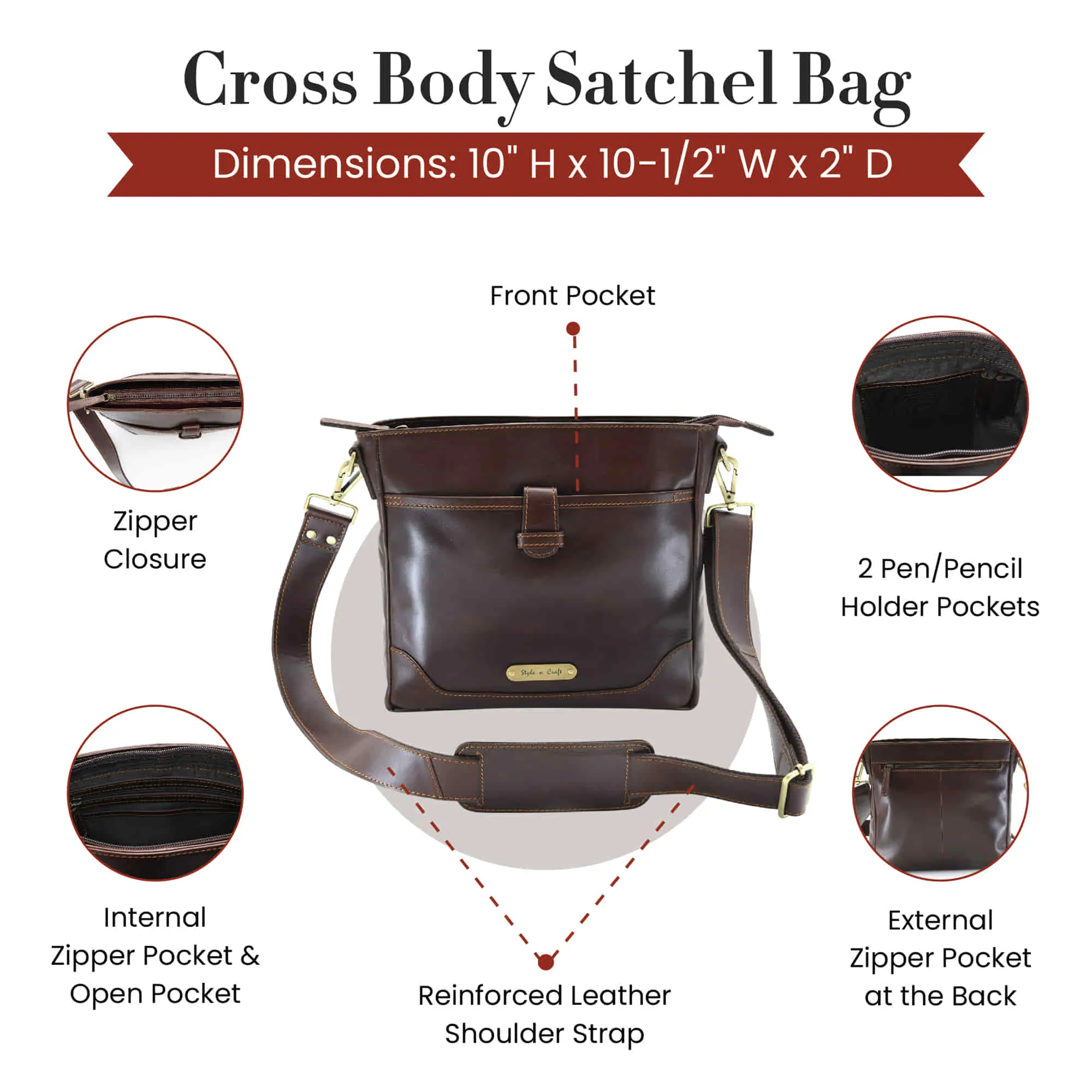 392001 Cross Body Satchel in Full Grain Dark Brown Leather | Style n Craft