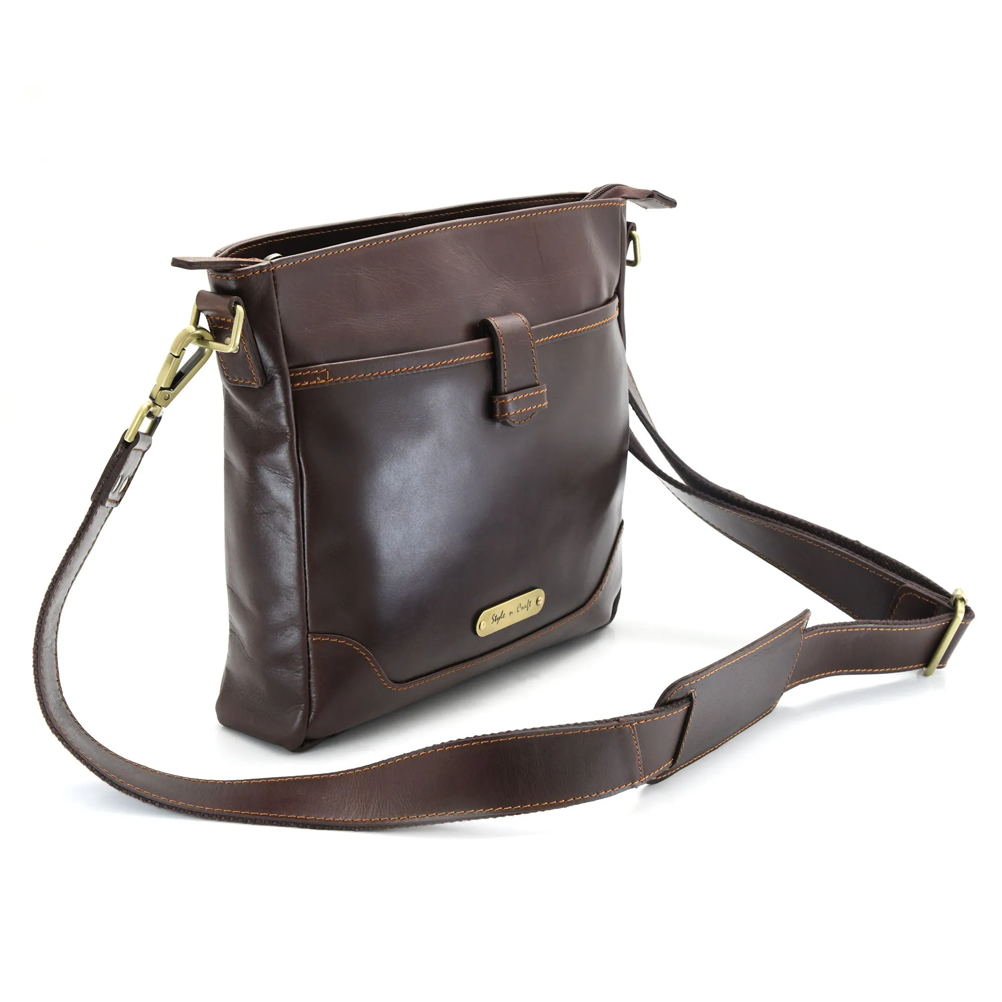 392001 Cross Body Satchel in Full Grain Dark Brown Leather | Style n Craft