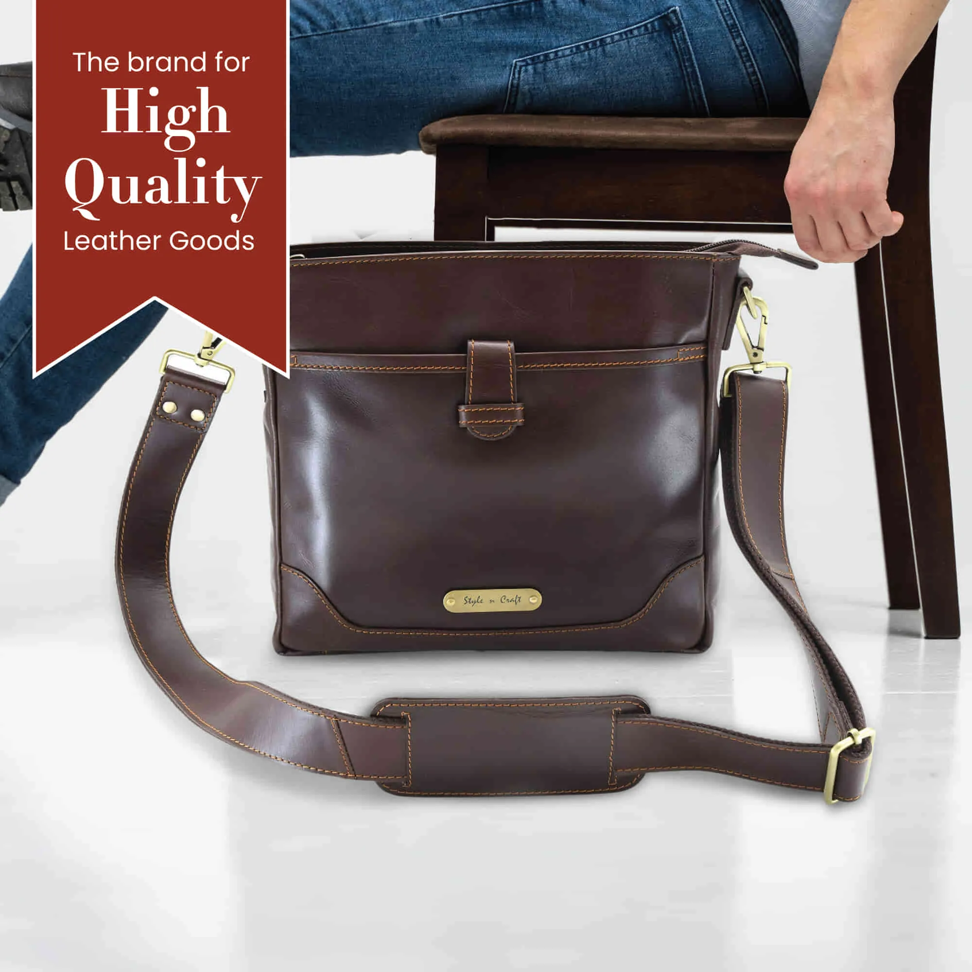 392001 Cross Body Satchel in Full Grain Dark Brown Leather | Style n Craft