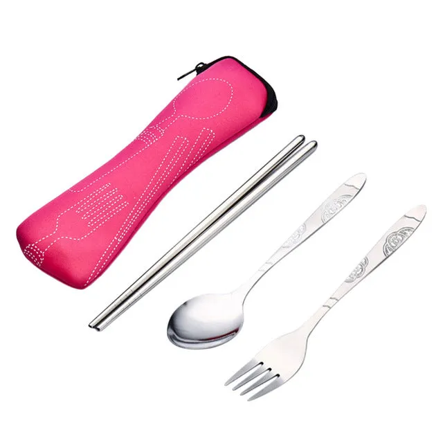 3Pcs Stainless Steel Portable Tableware Dinnerware Travel Camping Cutlery Set Fork poon Chopsticks Set Picnic Tool