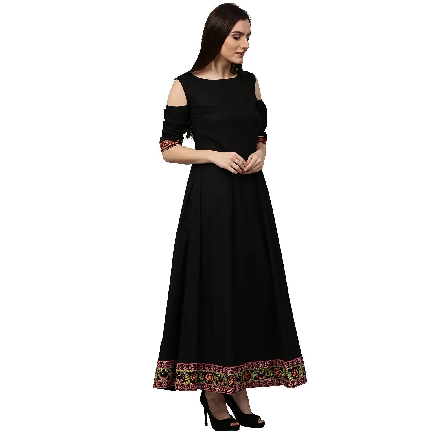 Black 3/4Th Sleeve Cold Shoulder Cotton Floor Length Anarkali Kurta