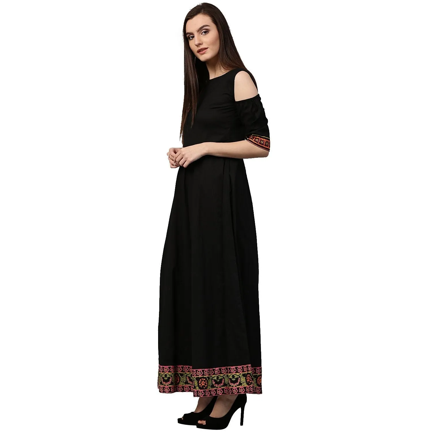 Black 3/4Th Sleeve Cold Shoulder Cotton Floor Length Anarkali Kurta