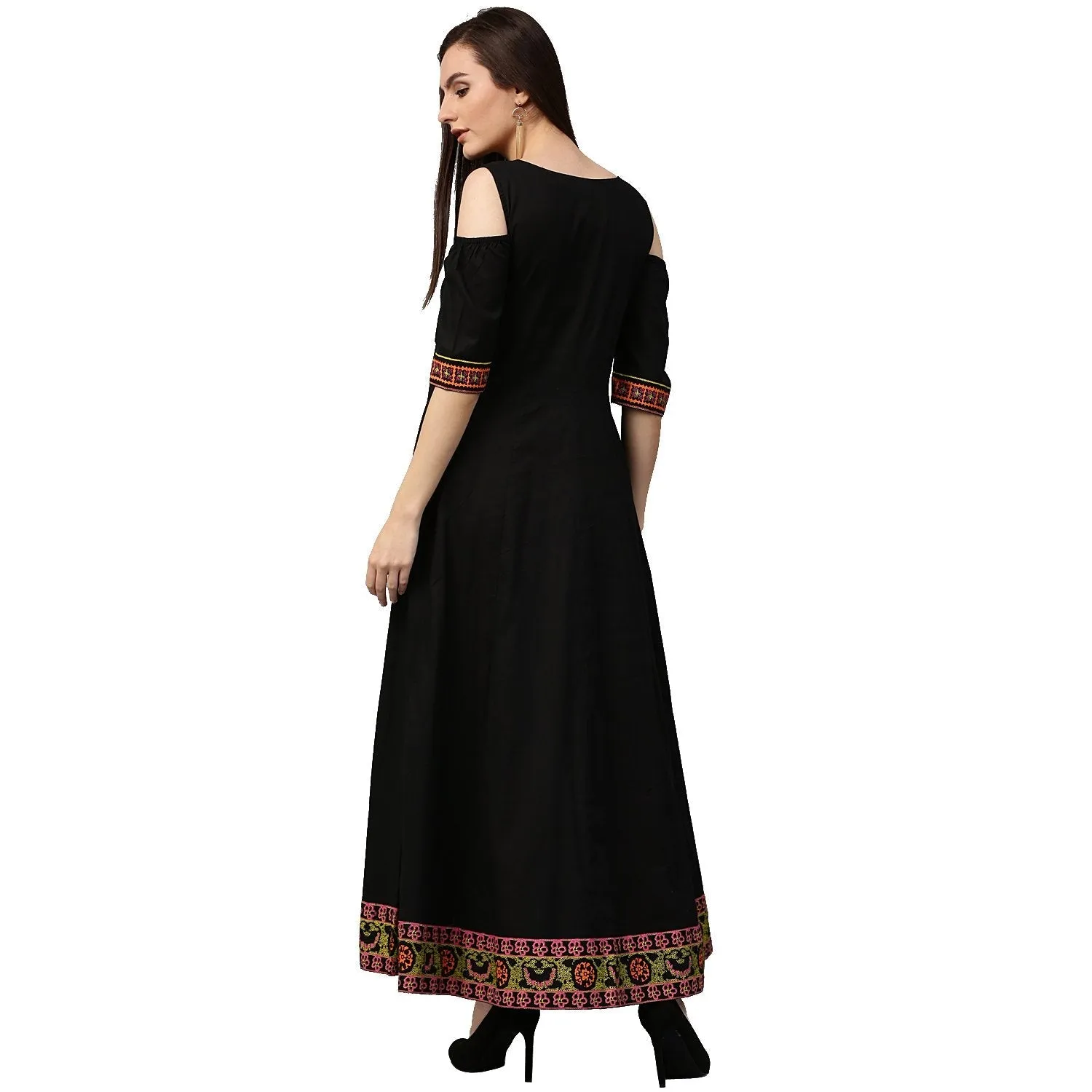 Black 3/4Th Sleeve Cold Shoulder Cotton Floor Length Anarkali Kurta