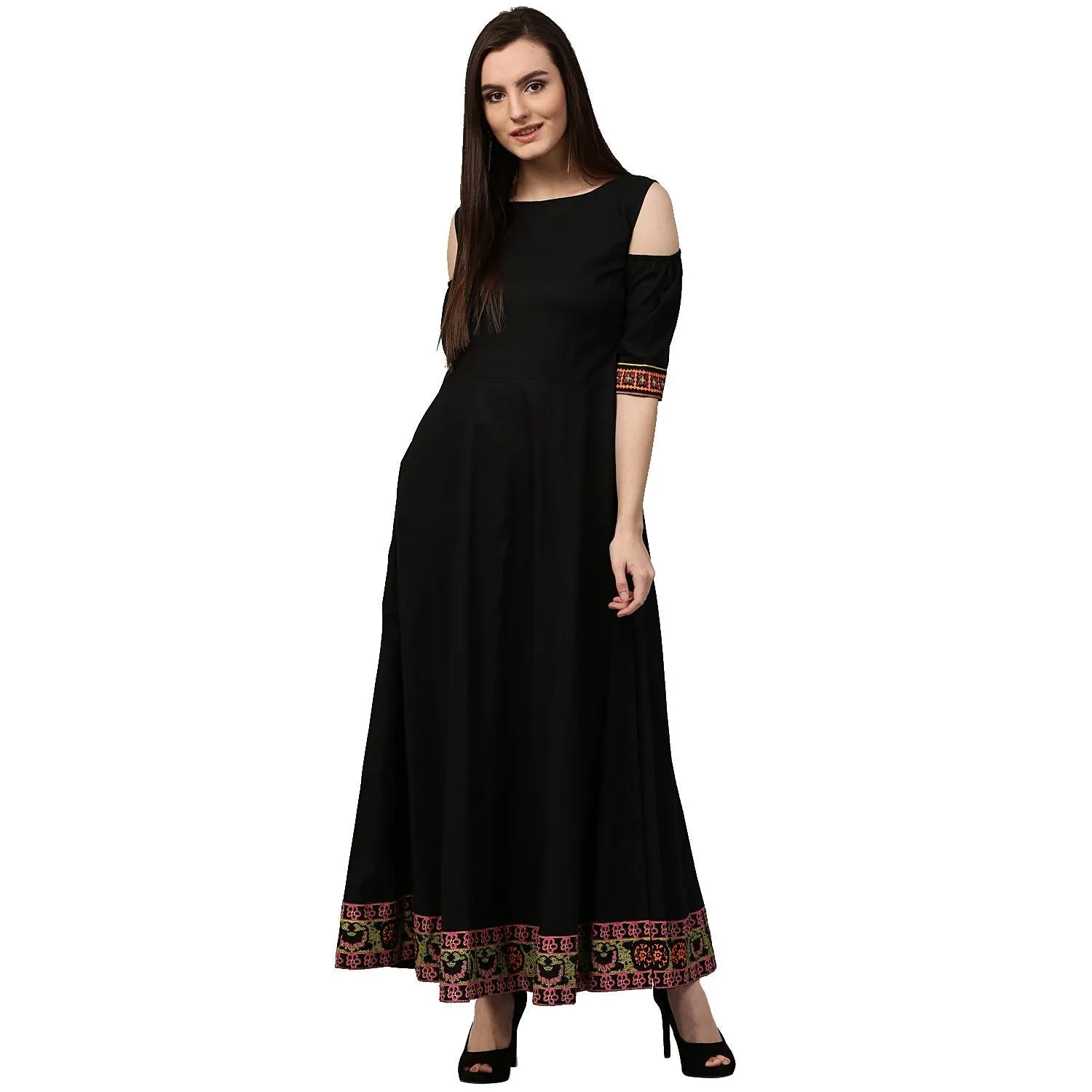 Black 3/4Th Sleeve Cold Shoulder Cotton Floor Length Anarkali Kurta