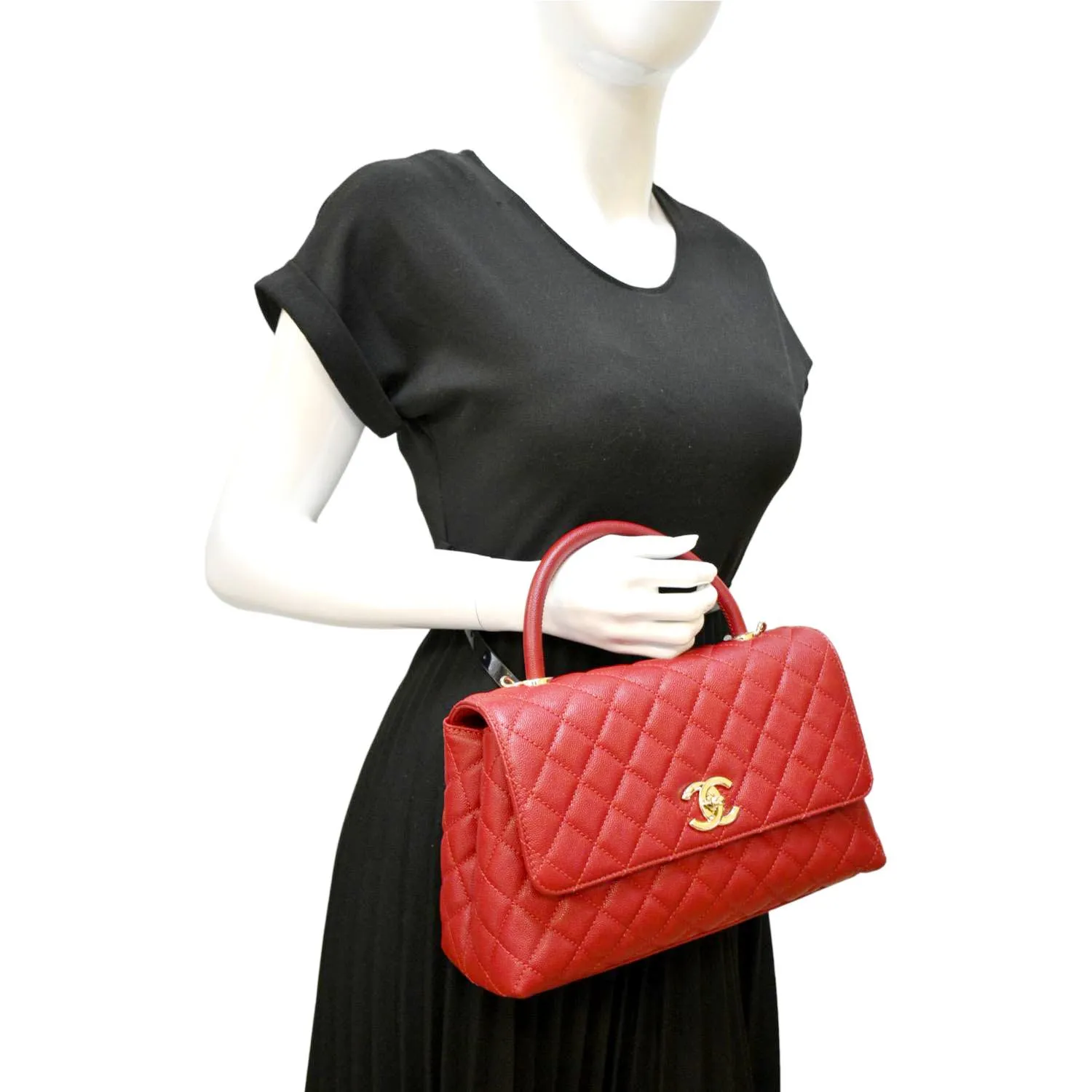 CL Medium Coco Quilted Caviar Leather Top Handle Shoulder Bag Red