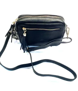 Genuine Black Small Leather Crossover Shoulder Bag