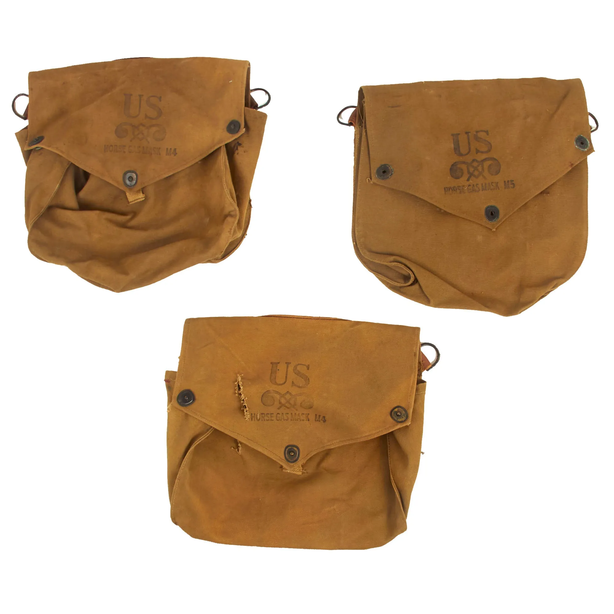 Original RARE U.S. WWII M4 Gas Mask Pouch and Canister Carrier Lot for Horse Gas Masks - (3) Carriers (6) Canister Carrier Pouches