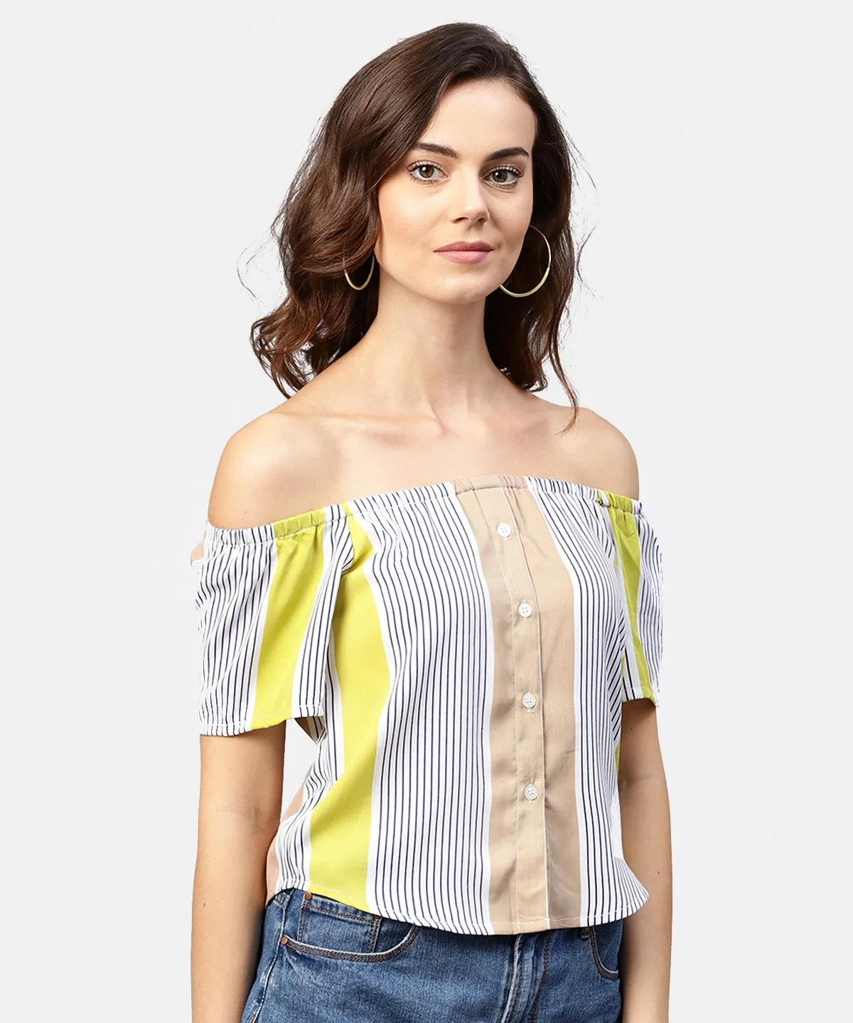 Striped Multi Printed Off Shoulder Front Open Top