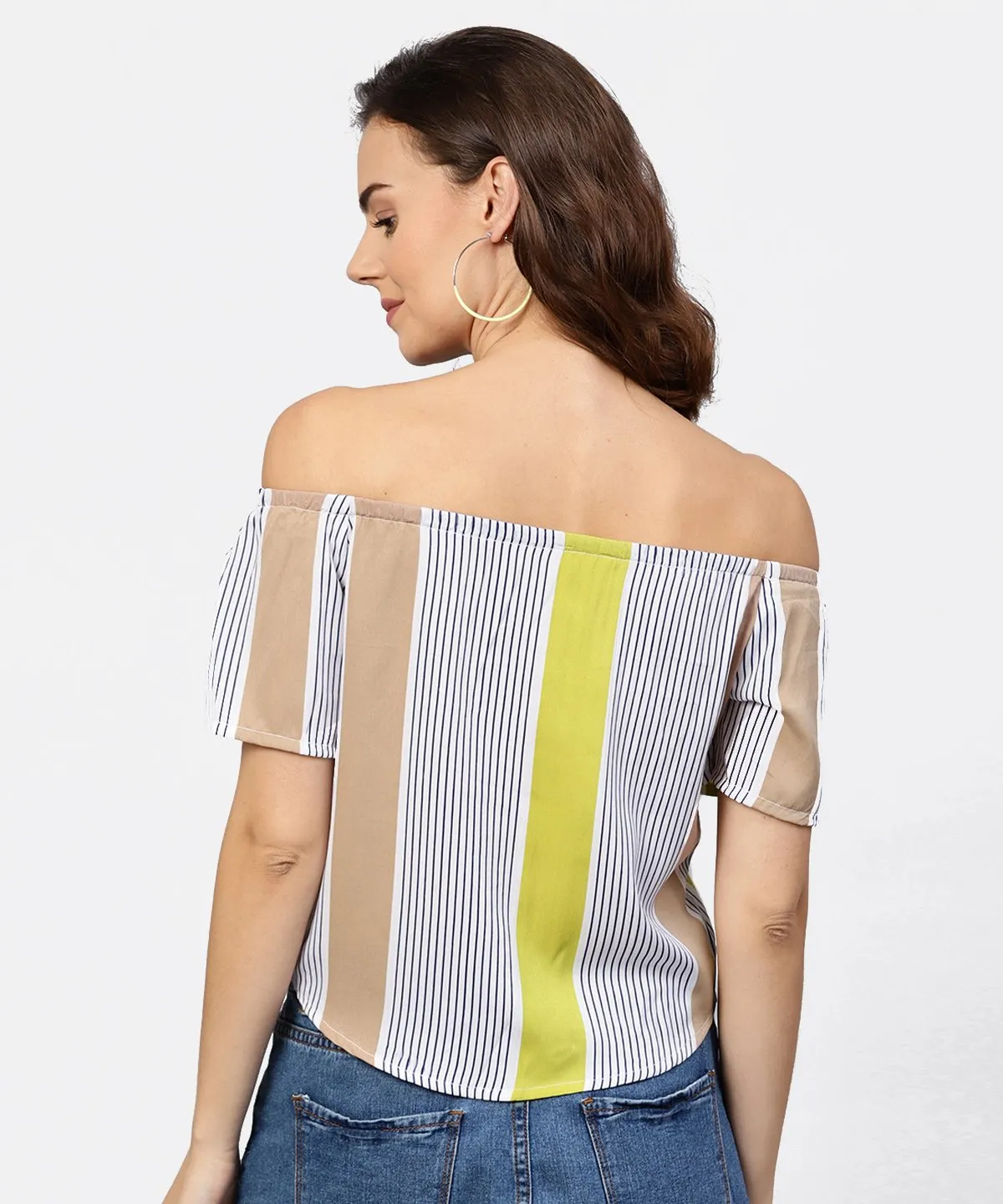 Striped Multi Printed Off Shoulder Front Open Top