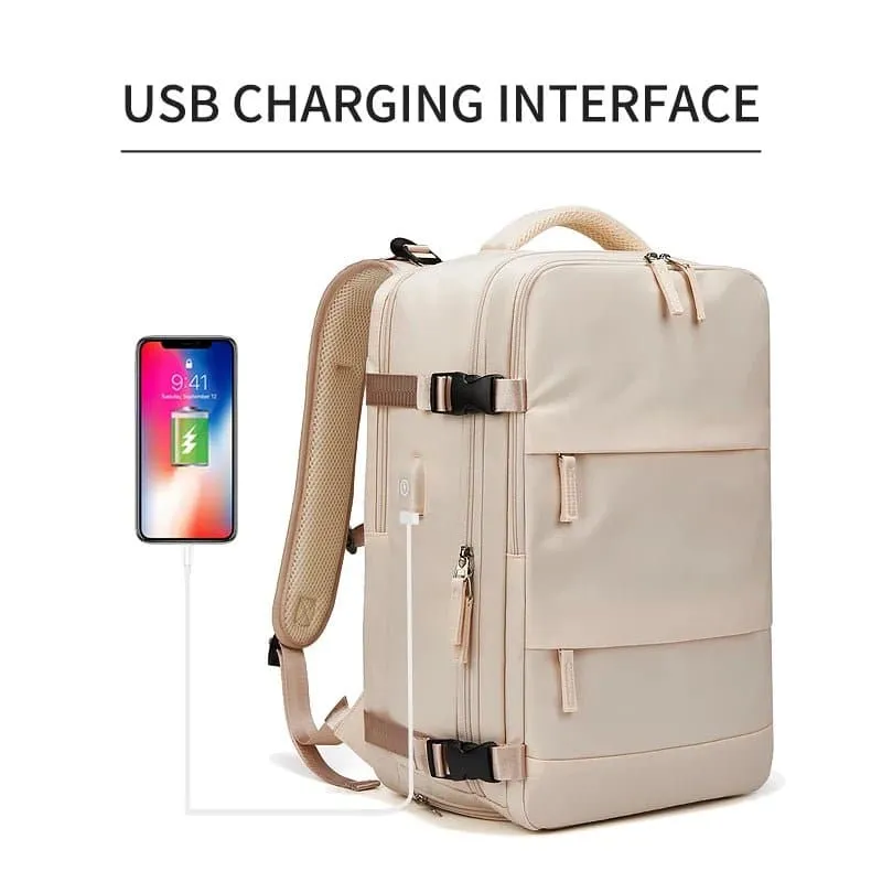 USB Charging Travel Carry On Backpack - 20-35L, Nylon, Polyester Lining, Solid Bag, Shoe Pocket - INFEYLAY