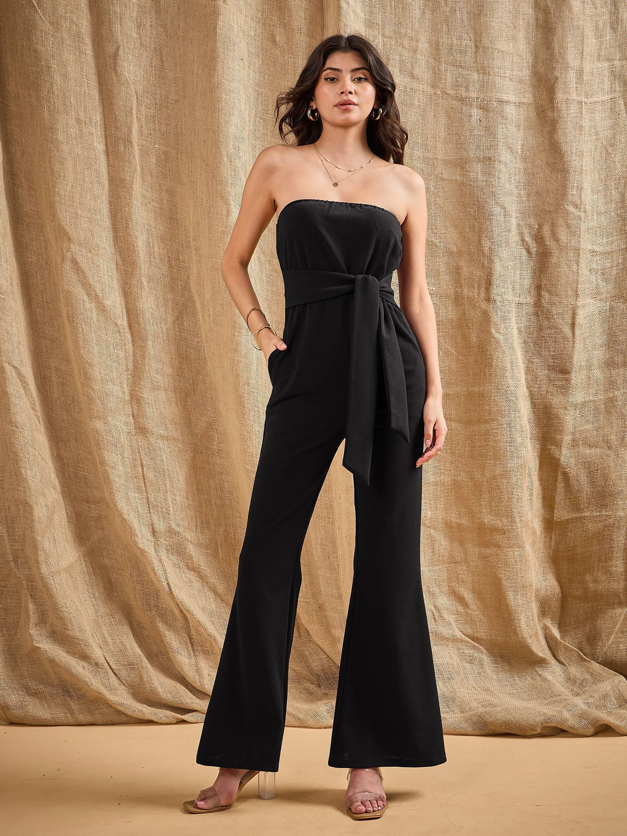 Women Black Off-Shoulder Belted Jumpsuit