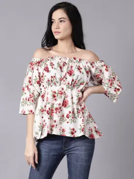 Women Cream Casual Printed Off-Shoulder Top