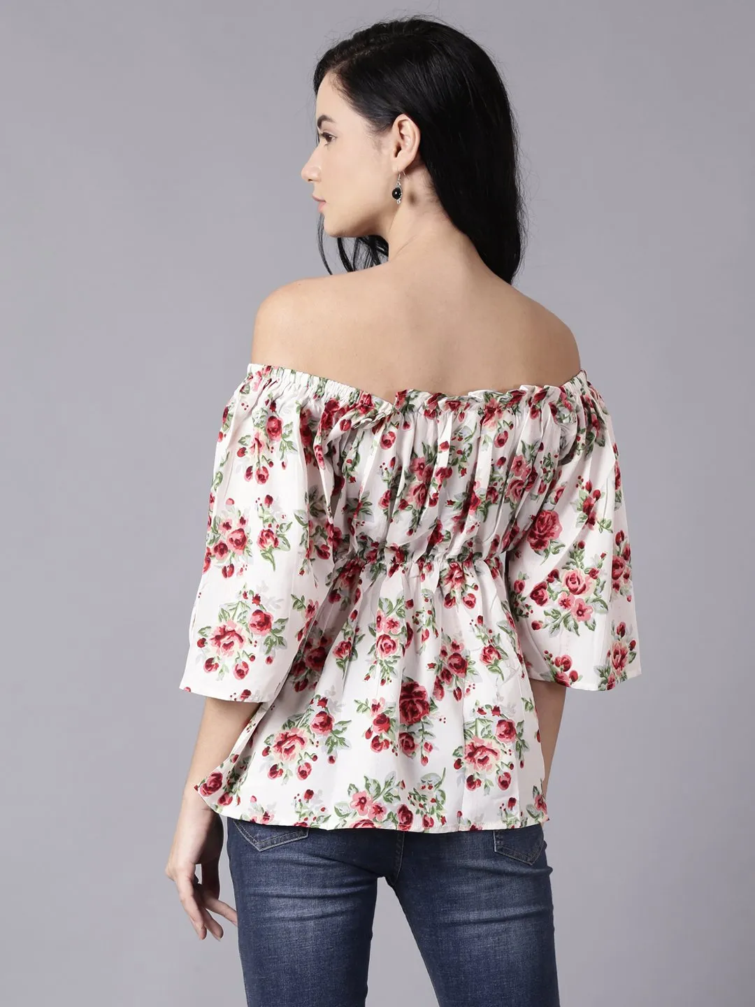 Women Cream Casual Printed Off-Shoulder Top