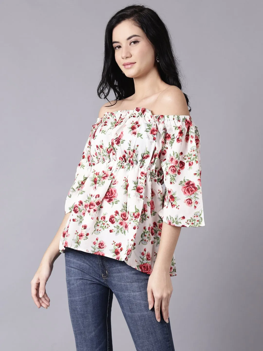 Women Cream Casual Printed Off-Shoulder Top