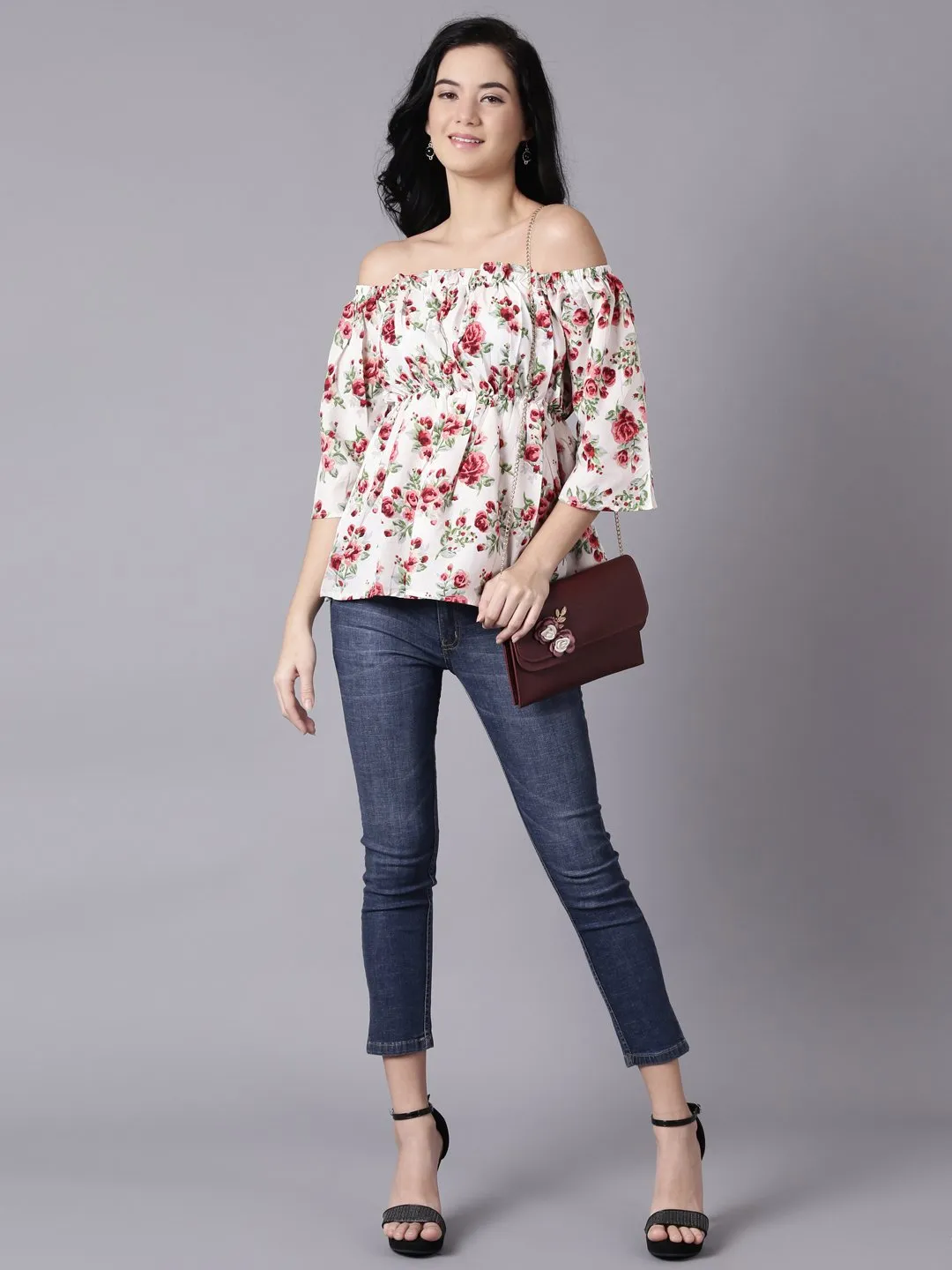 Women Cream Casual Printed Off-Shoulder Top