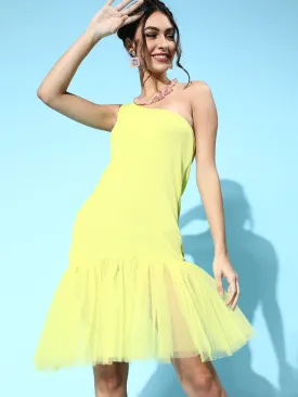 Women Yellow Tulle One Shoulder Dress