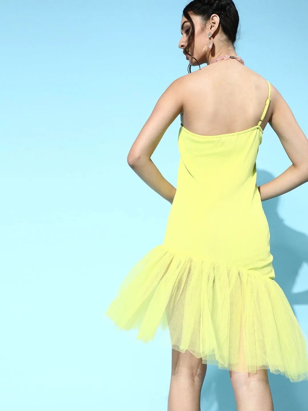 Women Yellow Tulle One Shoulder Dress