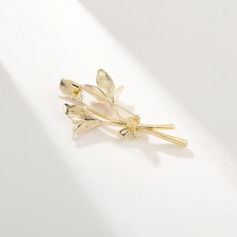 Women's Pink Lily Flower Zircon Enamel Brooch